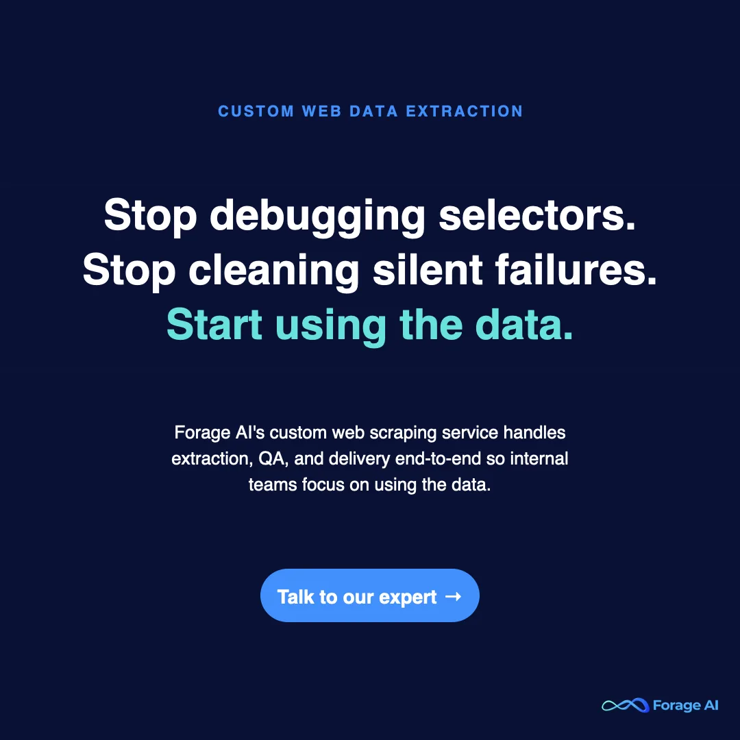 Promo banner for Forage AI's custom web scraping service, end-of-Alternatives-section CTA.