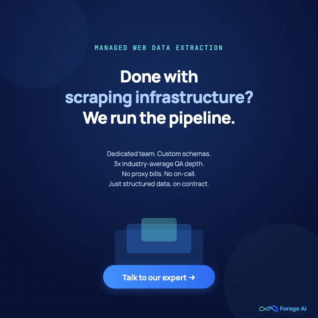 Done with scraping infrastructure? Forage AI runs the pipeline with dedicated team, custom schemas, 3x industry-average QA, and predictable contract pricing