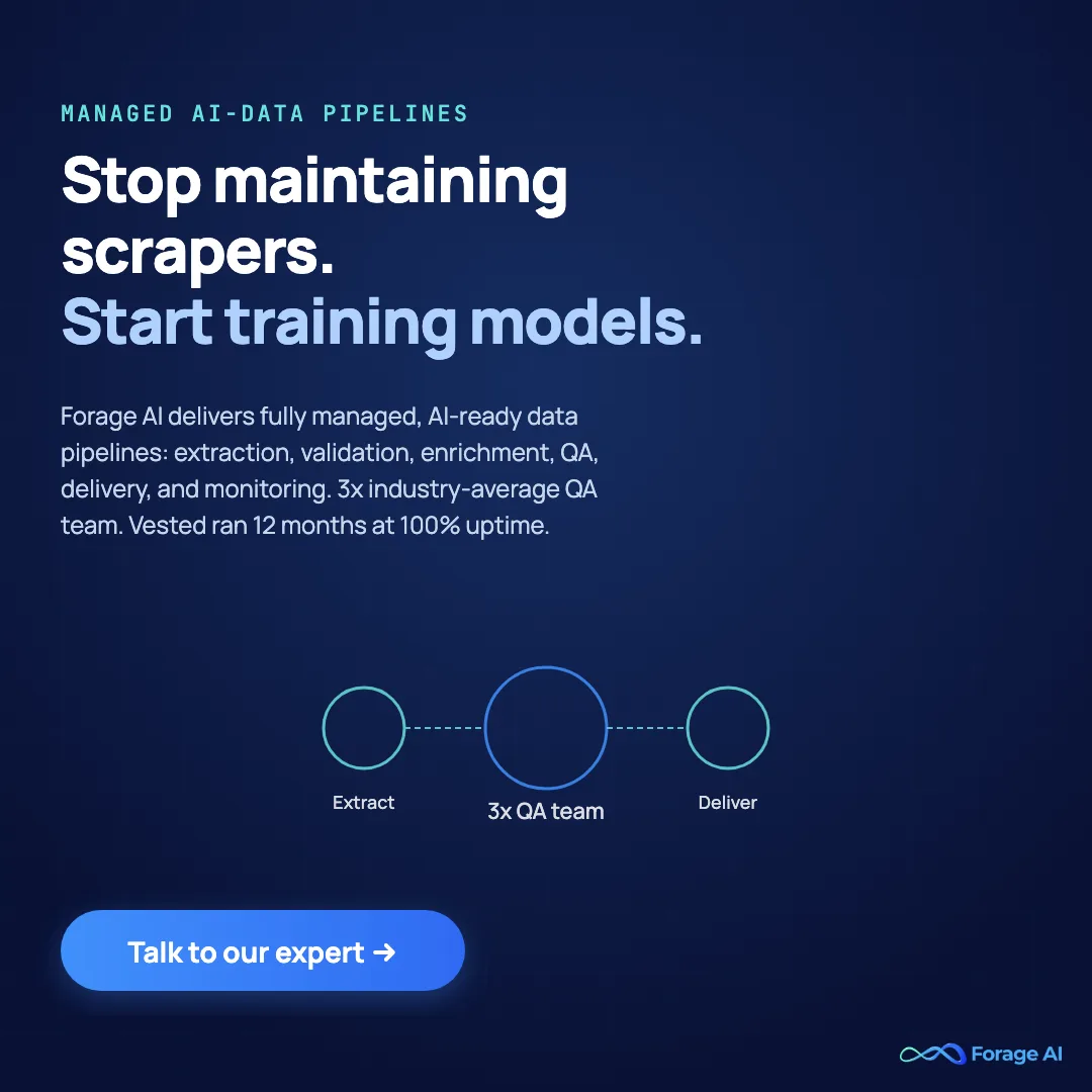 Forage AI promo: stop maintaining scrapers, start training models ,  fully managed AI-data pipelines with 3x QA coverage and 12-month 100 percent uptime. Talk to our expert.