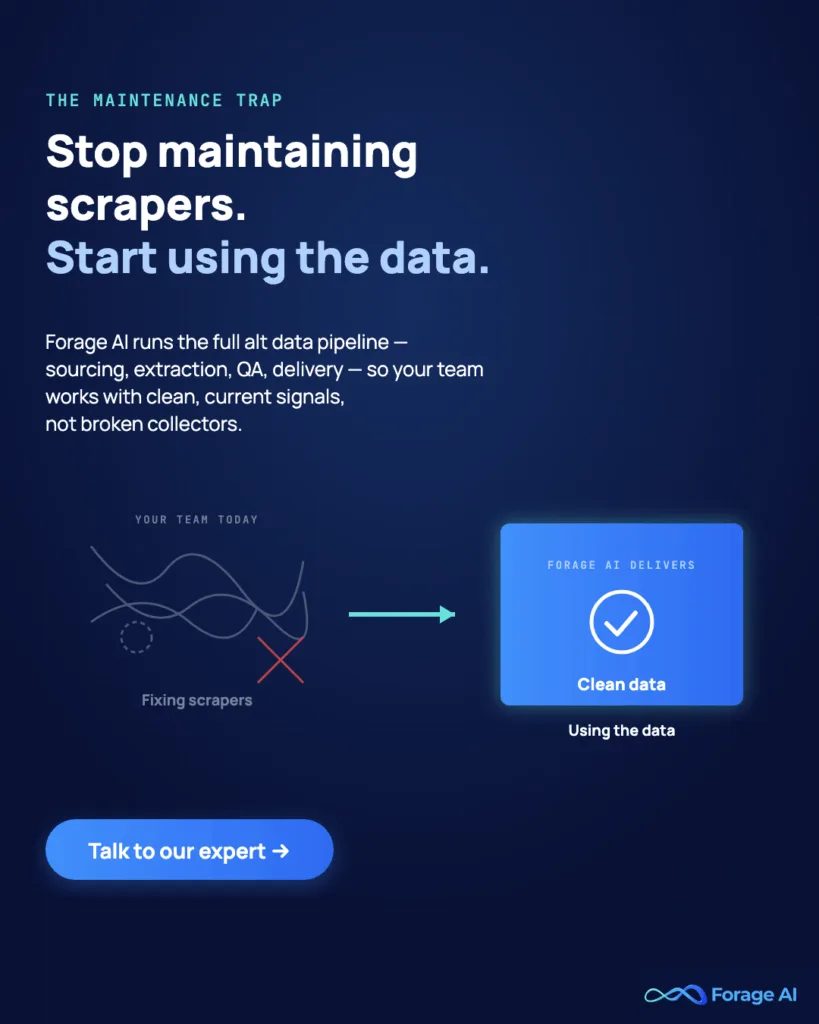 Image #P1: Stop maintaining scrapers. Start using the data.

Alt text: Forage AI promotional banner.