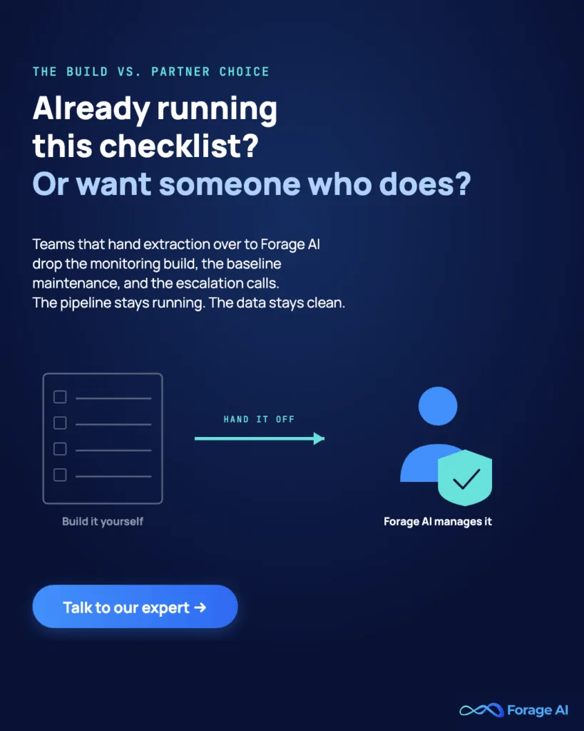 Image #P3, Already running this checklist? Or want someone who does?

Alt text: Forage AI promo: hand off the monitoring build, baseline maintenance, and escalation calls.