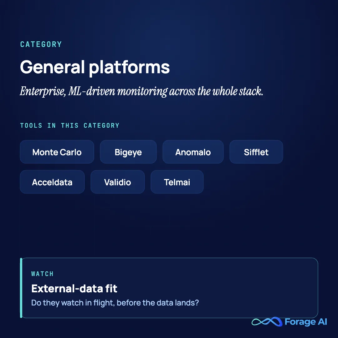 Category summary: general data observability platforms (Monte Carlo, Bigeye, Anomalo, Sifflet, Acceldata, Validio, Telmai) offering enterprise, ML-driven monitoring across the whole stack. Watch their external-data fit: do they watch in flight, before the data lands?