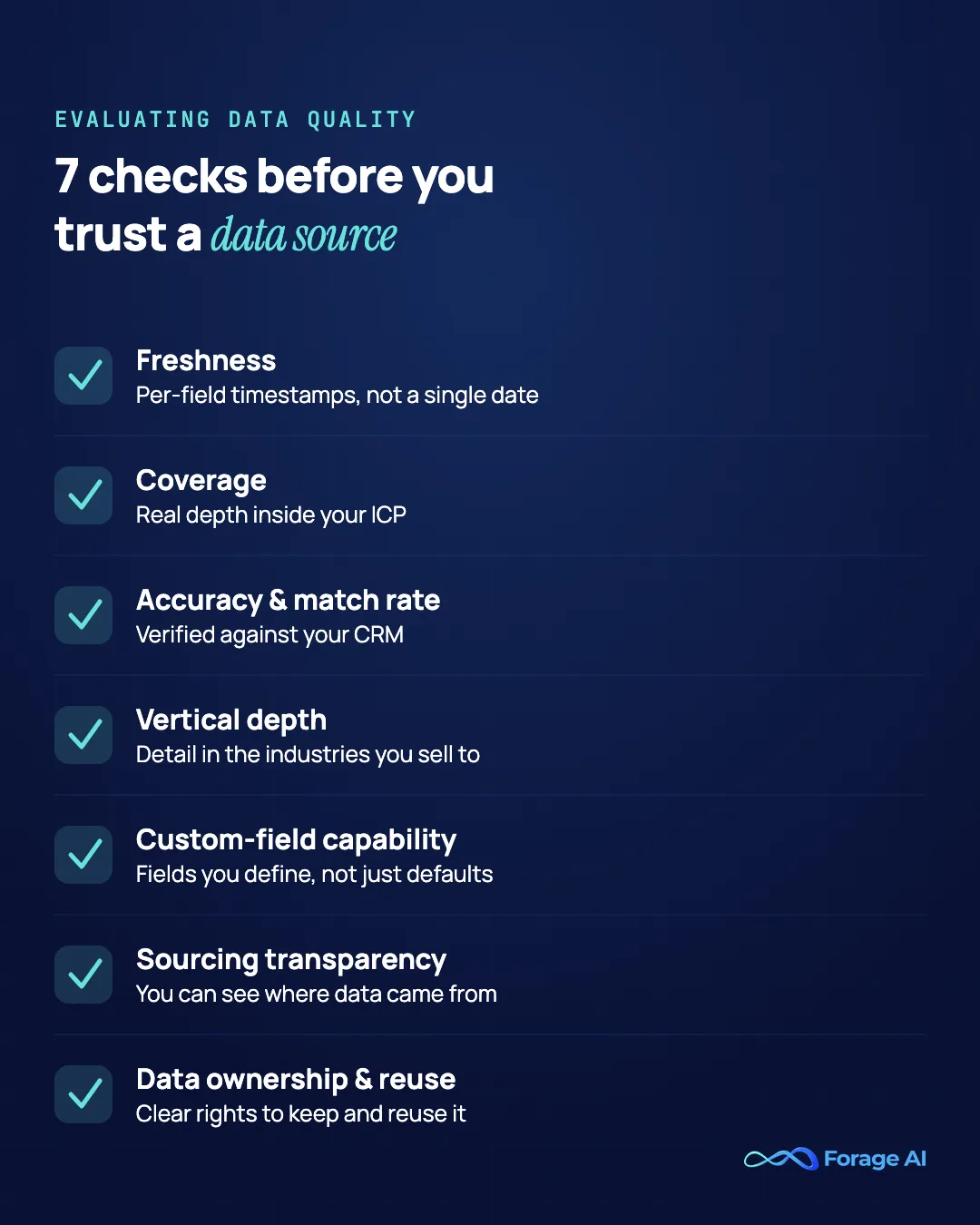 Seven-item checklist for evaluating firmographic data quality: freshness, coverage, accuracy and match rate, vertical depth, custom-field capability, sourcing transparency, and data ownership.