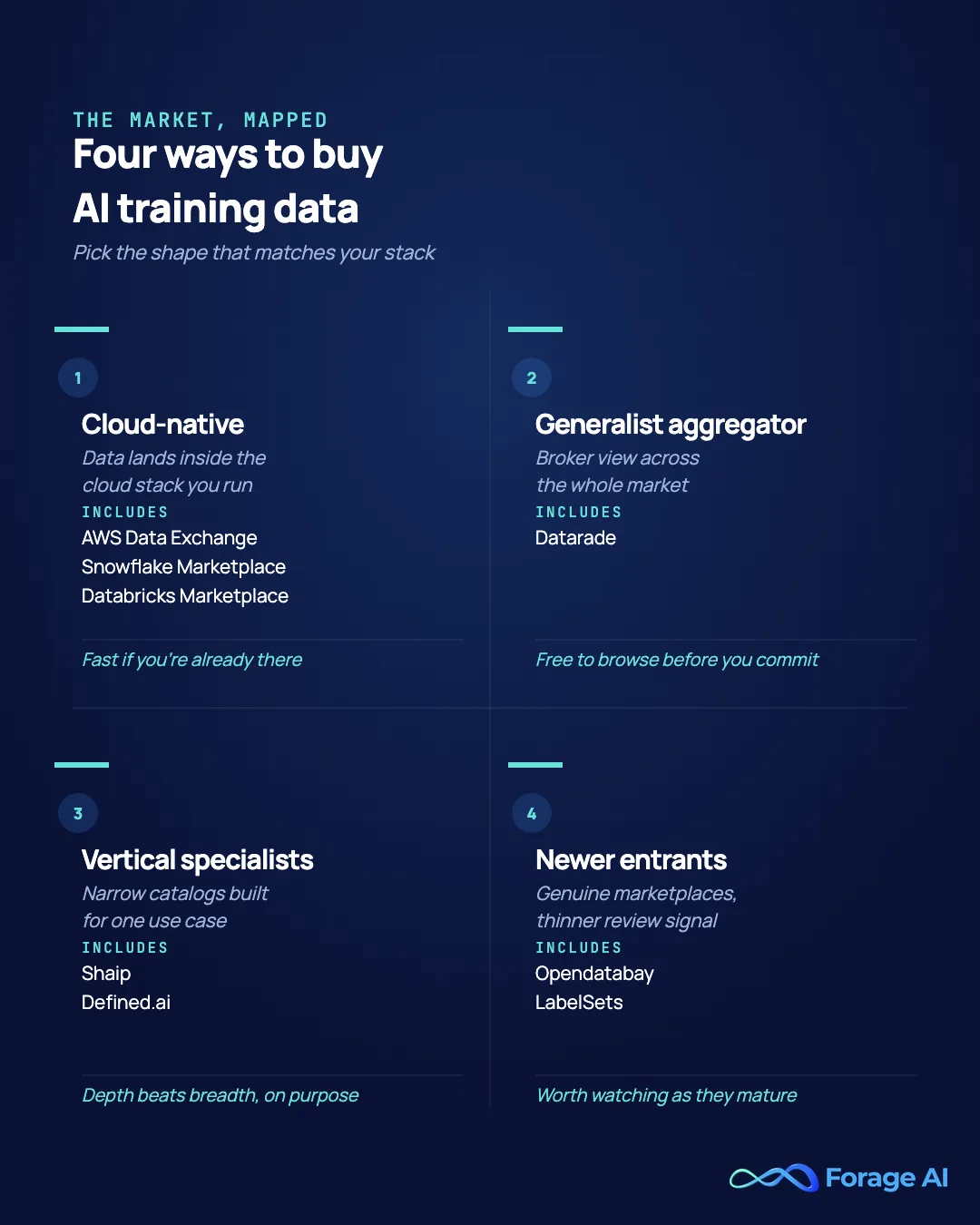 Infographic mapping the four categories of AI dataset marketplace: cloud-native (AWS Data Exchange, Snowflake Marketplace, Databricks Marketplace), generalist aggregator (Datarade), vertical specialists (Shaip, Defined.ai), and newer entrants (Opendatabay, LabelSets).