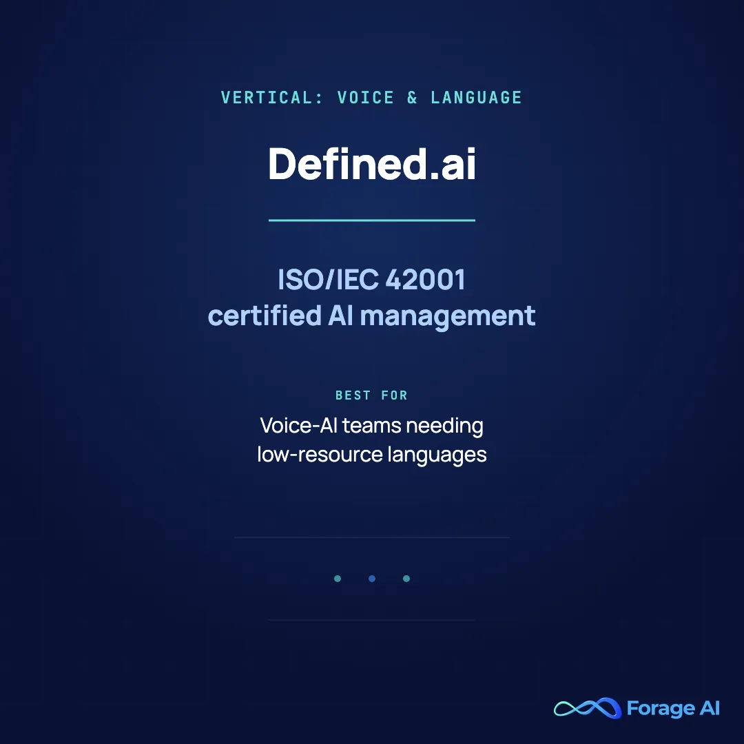 Provider card for Defined.ai, a vertical AI dataset marketplace for voice and language data, ISO/IEC 42001 certified, best for voice-AI and conversational-model teams.