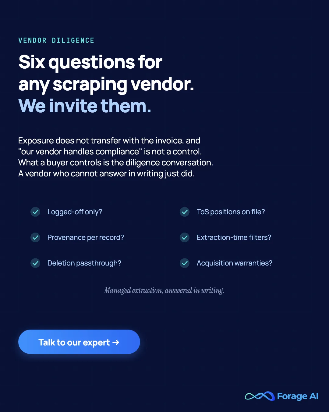 Promotional banner: the six vendor-diligence questions to ask any scraping vendor, which Forage AI invites as a managed extraction provider. Logged-off only? Provenance per record? Deletion passthrough? ToS positions on file? Extraction-time filters? Acquisition warranties? Exposure does not transfer with the invoice, and a vendor who cannot answer in writing has answered anyway.