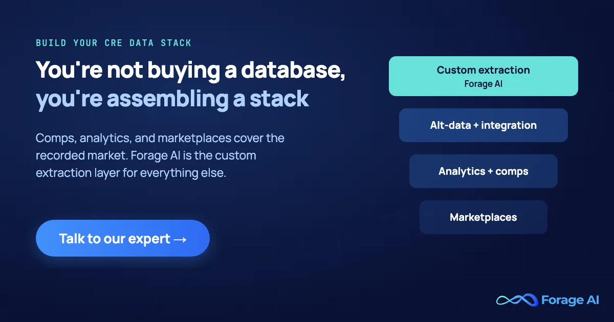 You are not buying a database, you are assembling a stack. Forage AI is the custom web data extraction layer for commercial real estate teams. Talk to our expert.