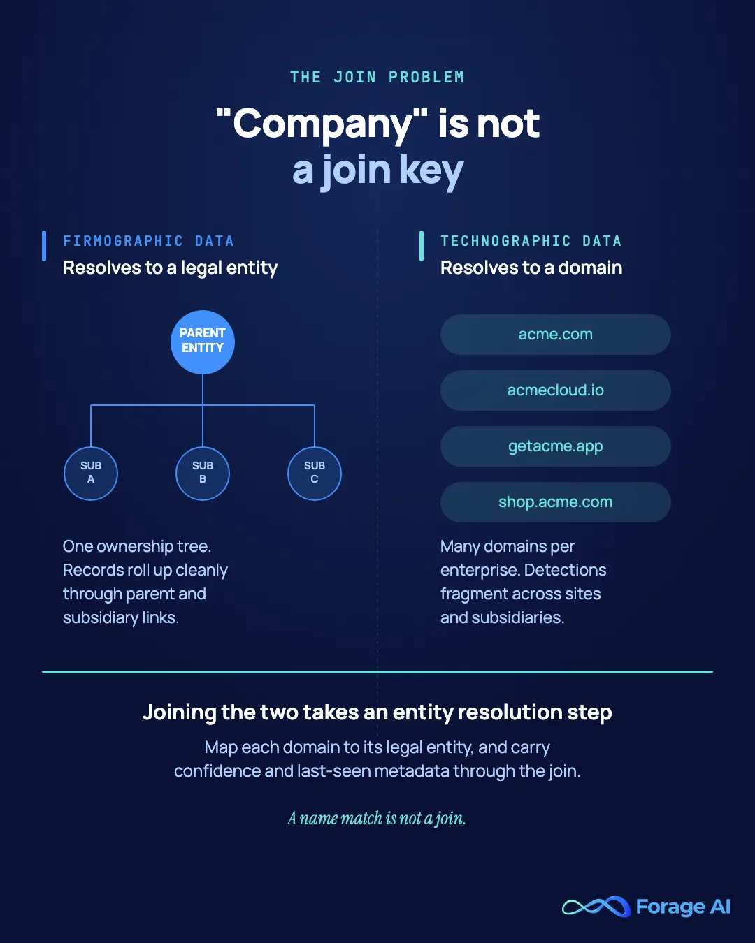 Diagram contrasting firmographic resolution to a legal entity ownership tree with technographic resolution to individual domains, showing why company is not a join key