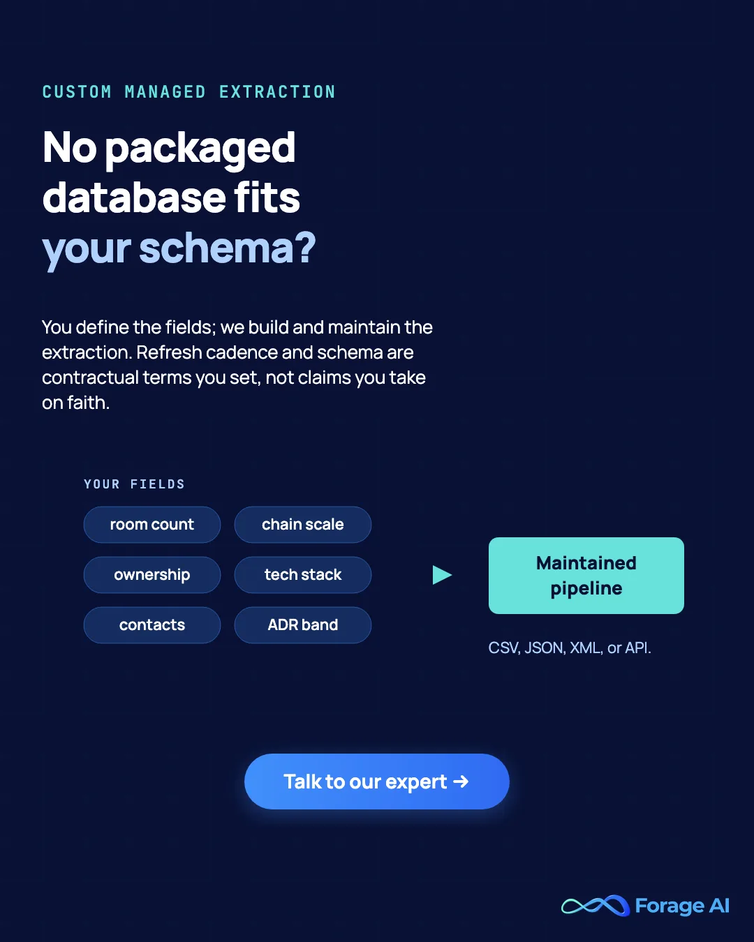When no packaged hotel database fits your schema, Forage AI builds custom managed extraction with refresh cadence as a contract term. Talk to our expert.