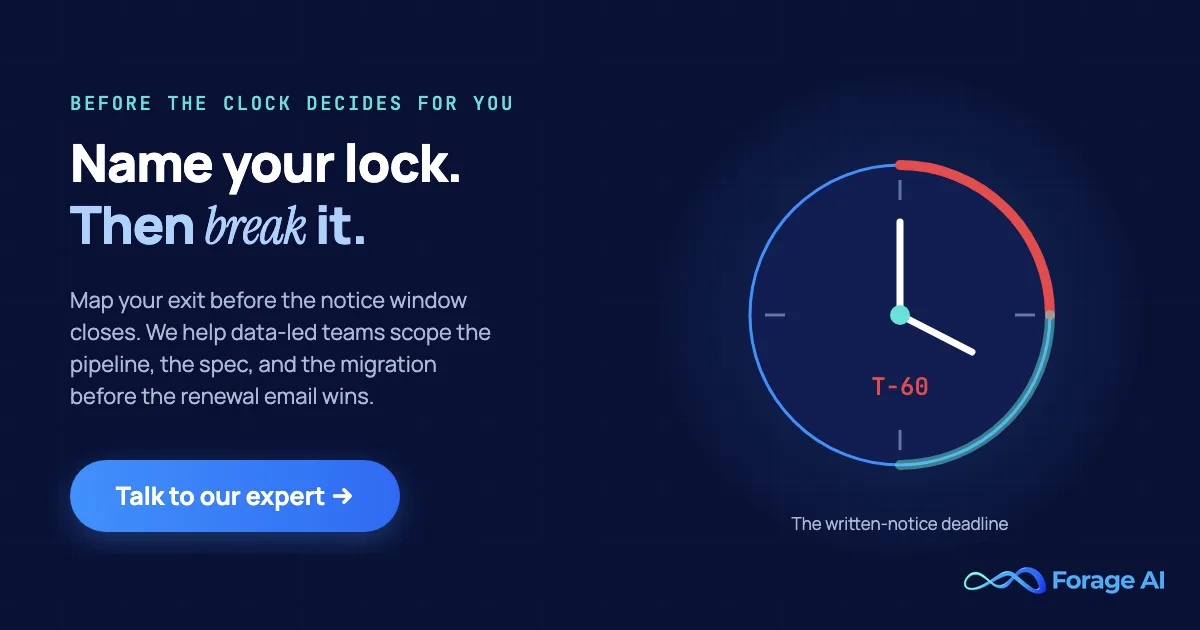 Forage AI promo: name your lock, then break it. Scope your data pipeline, spec, and migration before the renewal notice window closes. Talk to our expert.