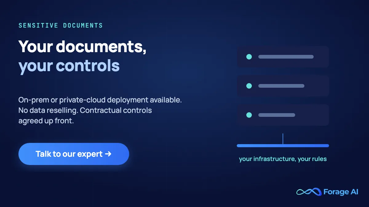 Forage AI document processing with on-prem or private-cloud deployment and no data reselling