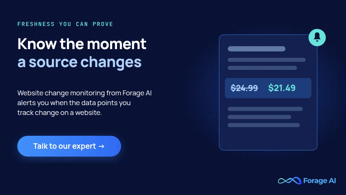 Forage AI promo: know the moment a source changes. Website change monitoring alerts when tracked data points change. Talk to our expert.
