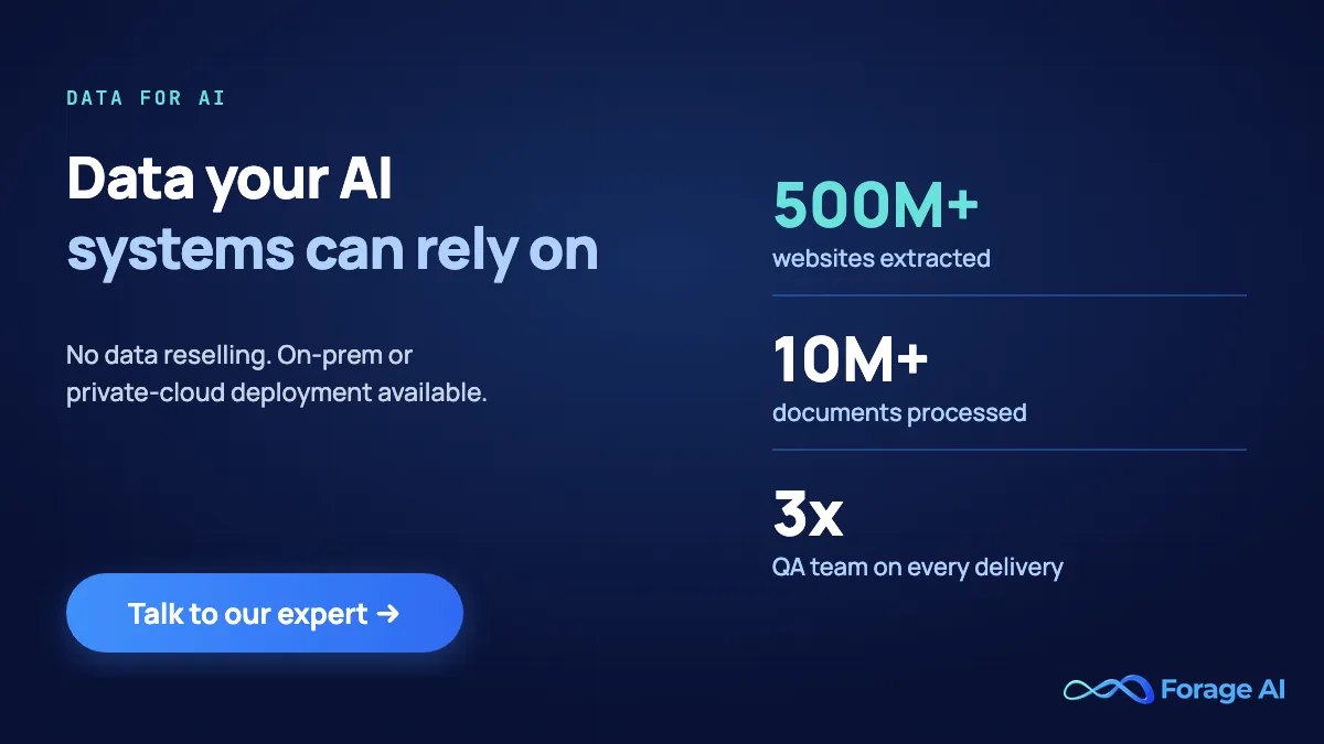 Forage AI data for AI: data your AI systems can rely on, no data reselling, on-prem or private-cloud deployment available