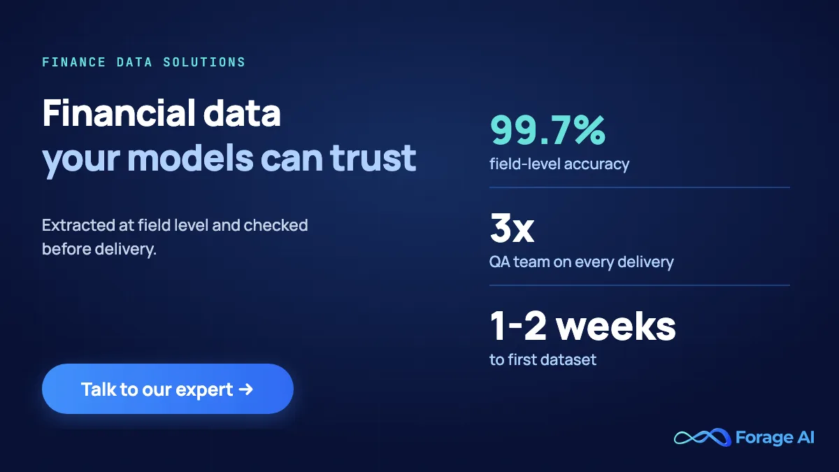 Financial data extracted at field level and checked before delivery, with first dataset in one to two weeks