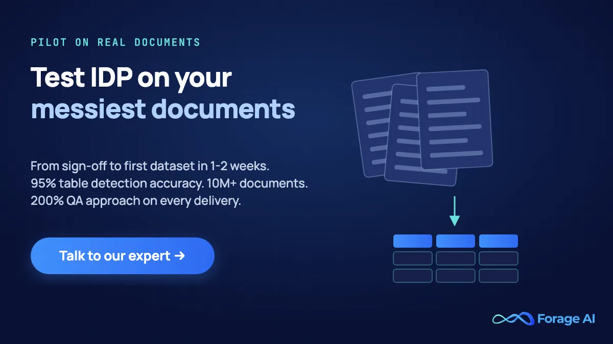 Forage AI Intelligent Document Processing pilot: first dataset in 1-2 weeks, 95% table detection accuracy