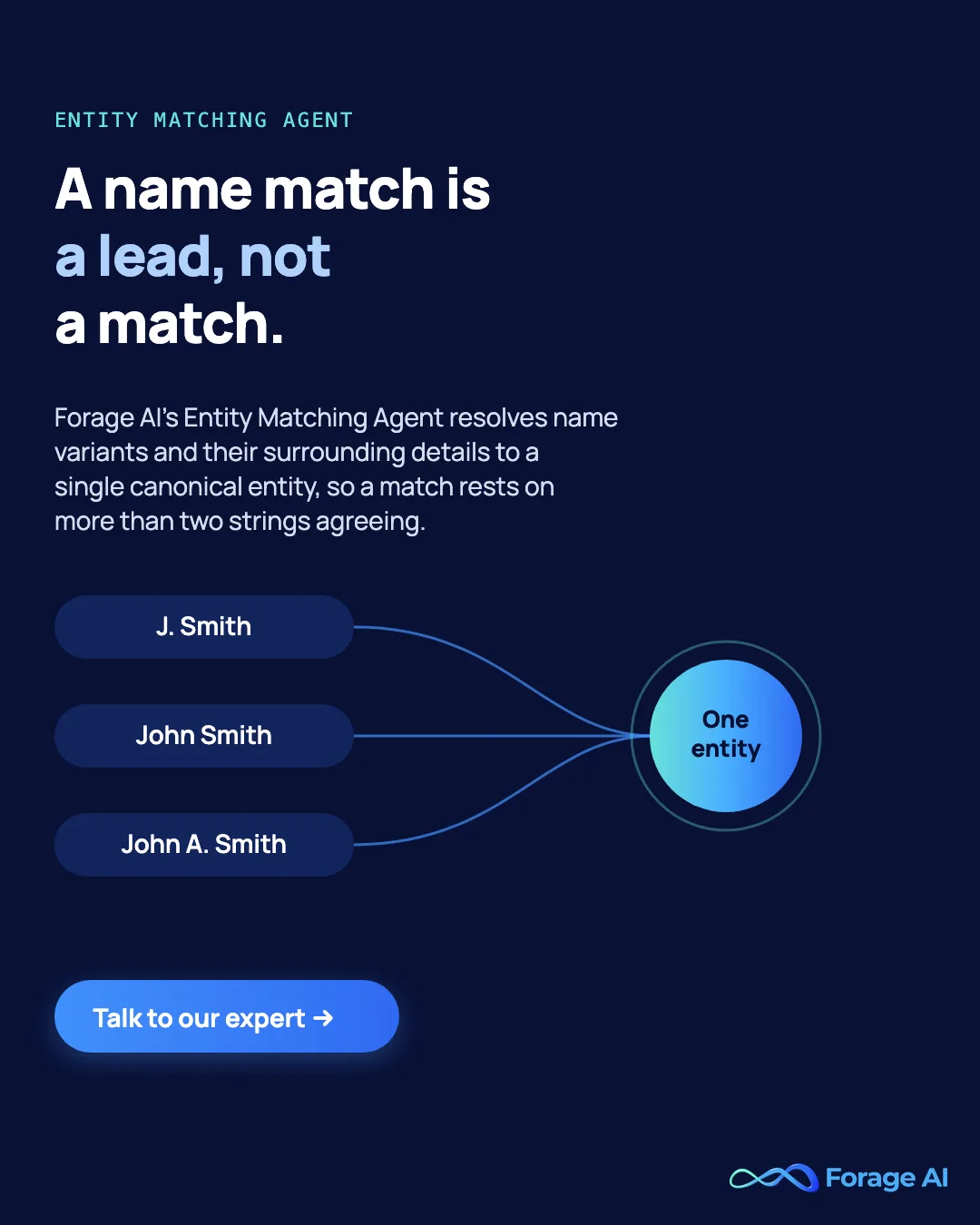 Forage AI promotional banner: a name match is a lead, not a match. The Entity Matching Agent resolves name variants to one canonical entity. Talk to our expert
