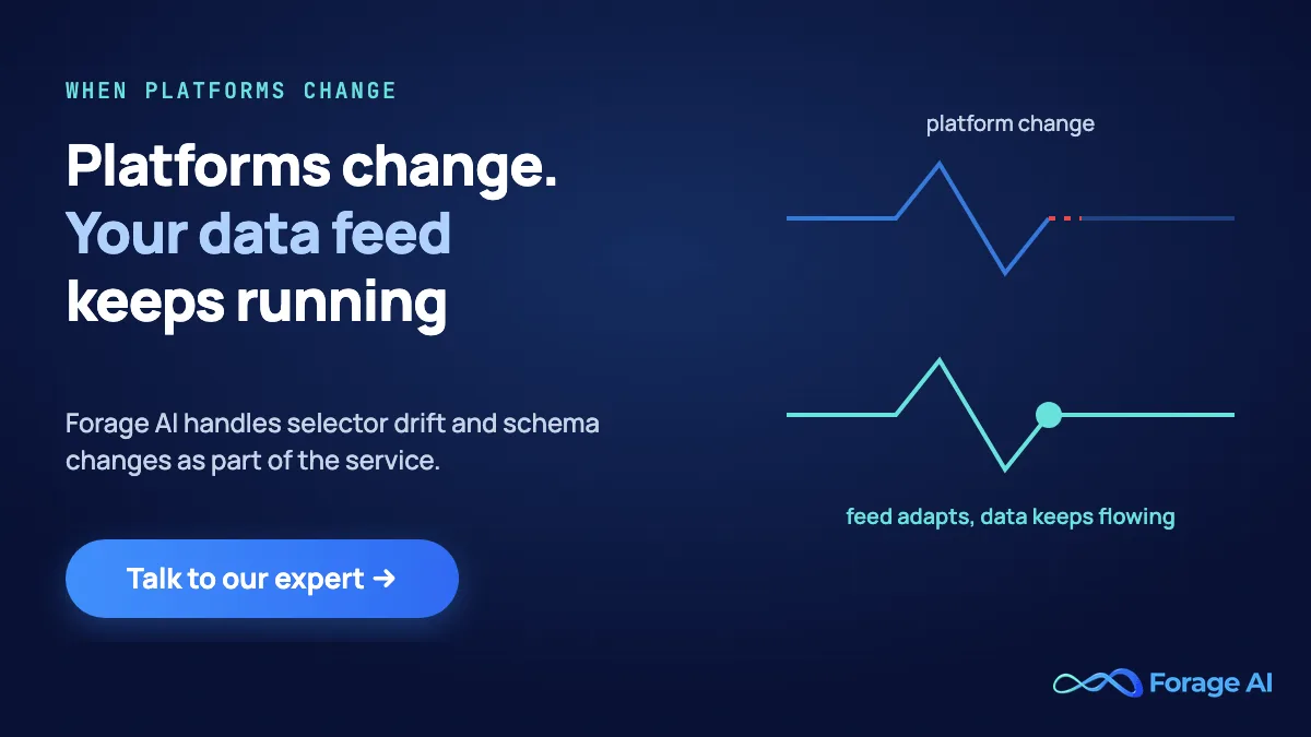 Forage AI keeps social data feeds running when platforms change, handling selector drift and schema changes as part of the service