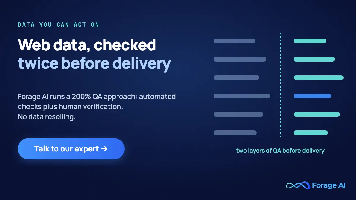 Forage AI 200% QA approach for web data: automated checks plus human verification, with no data reselling