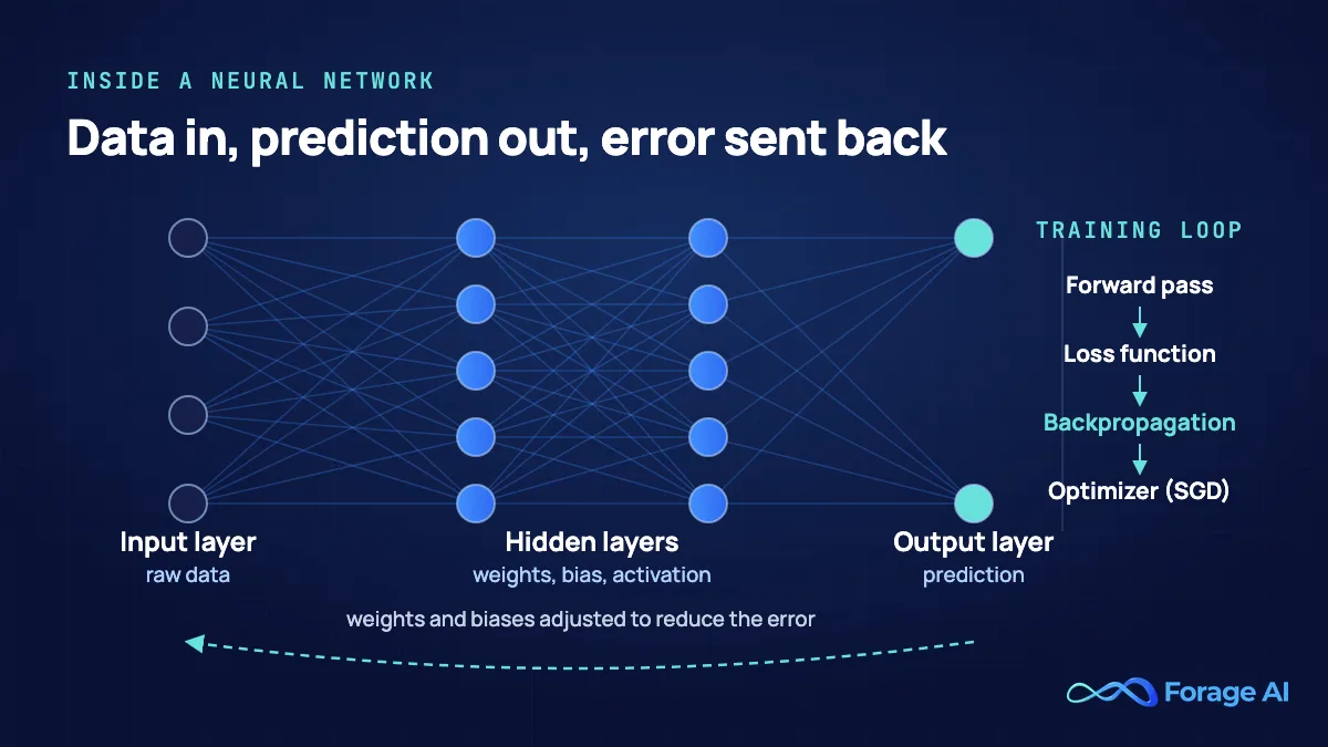 Diagram of a neural network: data enters the input layer, passes through hidden layers that apply weights, bias and activation, and leaves the output layer as a prediction, while the training loop of forward pass, loss function, backpropagation and optimizer adjusts the weights