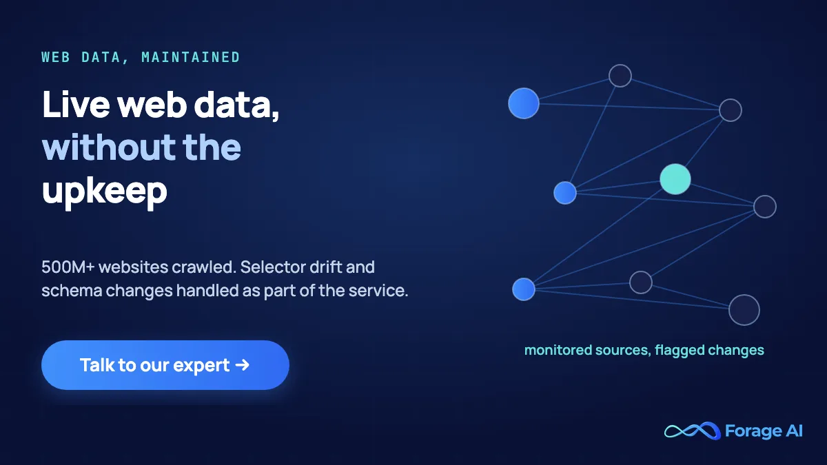 Forage AI web data extraction: 500M+ websites crawled, with selector drift and schema changes handled as part of the service