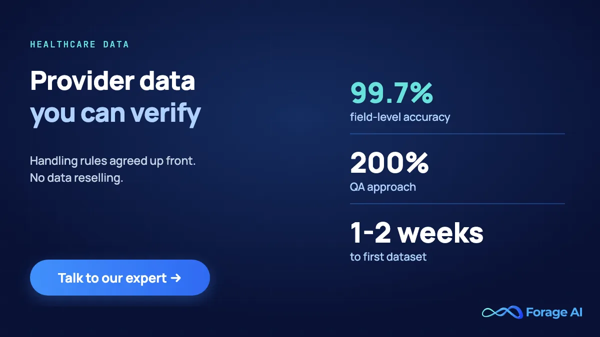 Forage AI healthcare data extraction: 99.7% field-level accuracy, 200% QA approach, first dataset in 1-2 weeks