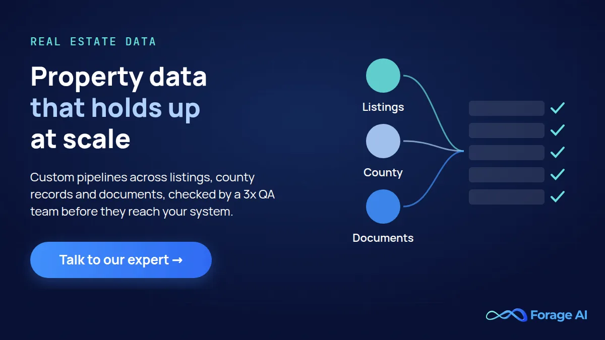 Forage AI promo: property data that holds up at scale. Custom pipelines across listings, county records and documents, checked by a 3x QA team before they reach your system. Talk to our expert.
