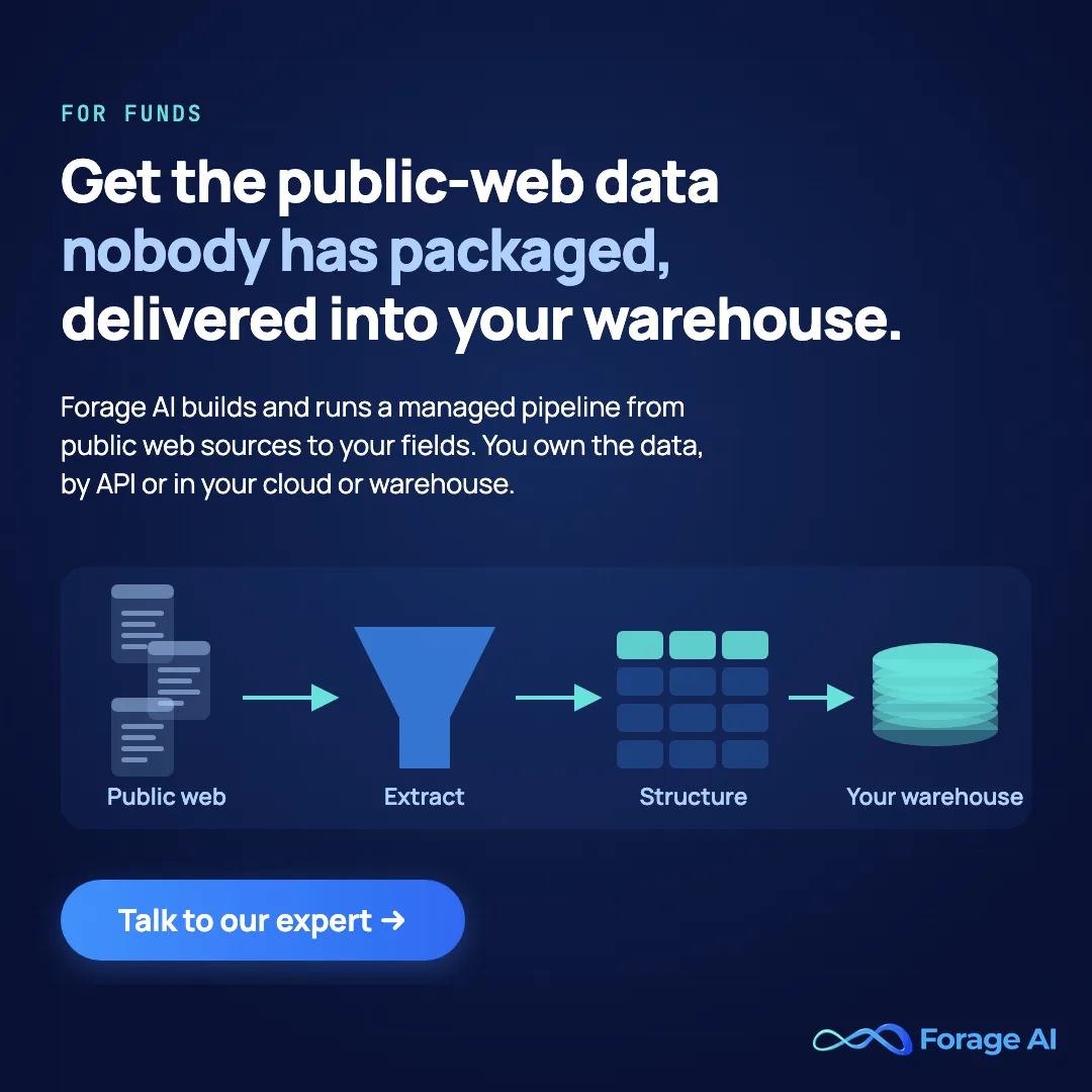 Forage AI promotional banner for funds reading "Get the public-web data nobody has packaged, delivered into your warehouse." with a flow from public web pages through extraction and structuring into your warehouse, and a Talk to our expert button.