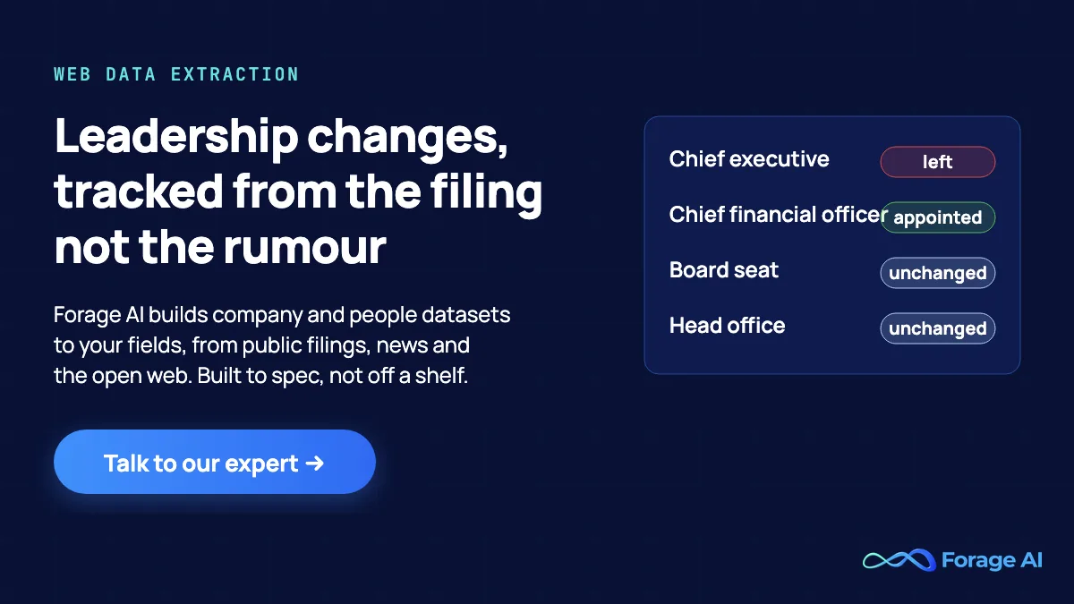Forage AI promotional banner: leadership changes tracked from the filing, with a record showing a departed chief executive and a newly appointed chief financial officer