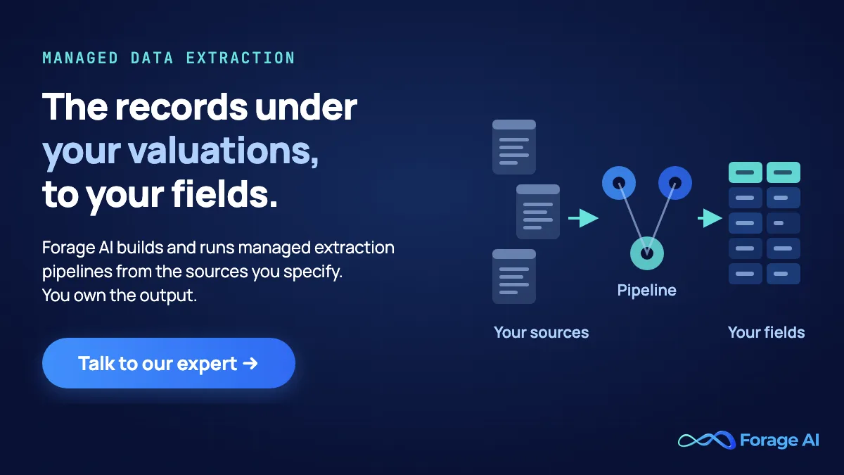 Forage AI promotional banner reading "The records under your valuations, to your fields." Source documents flow through a managed pipeline into a table of your fields, with a Talk to our expert button. Forage AI builds and runs managed extraction pipelines from the sources you specify, and you own the output.