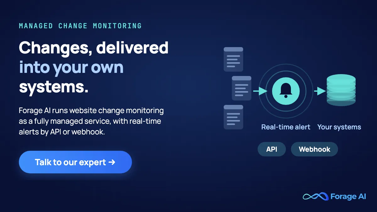 Forage AI promotional banner reading "Changes, delivered into your own systems." Watched web pages flow into a real-time alert, and the alert flows into a database labelled your systems, with API and webhook delivery options. Supporting text says Forage AI runs website change monitoring as a fully managed service, with real-time alerts by API or webhook. Talk to our expert button.