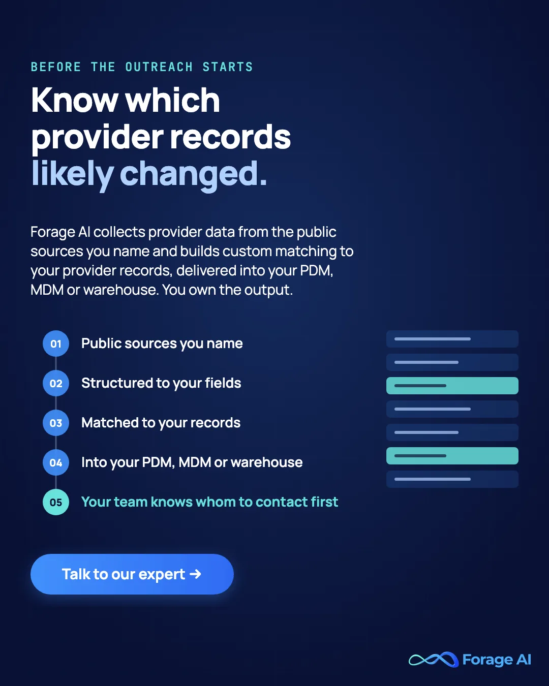 Forage AI promotional banner reading "Know which provider records likely changed." Five steps: public sources you name, structured to your fields, matched to your records, into your PDM, MDM or warehouse, and your team knows whom to contact first; beside them a record list with two rows flagged, and a Talk to our expert button.