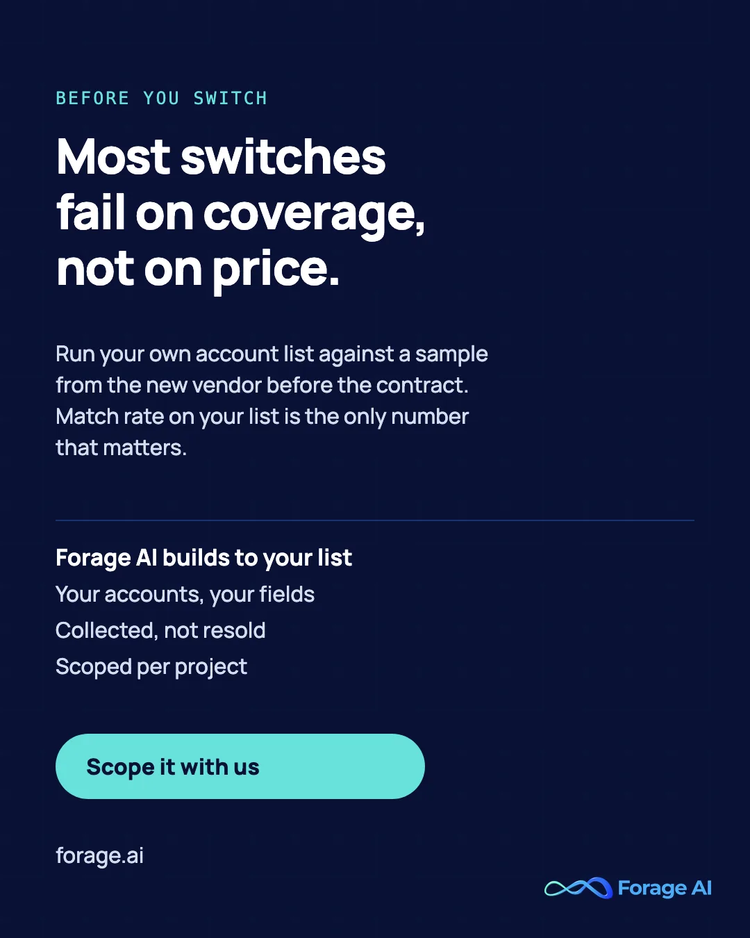 Most switches fail on coverage, not on price. Run your own account list against a sample from the new vendor before the contract. Match rate on your list is the only number that matters. Forage AI builds to your list: Your accounts, your fields, Collected, not resold, Scoped per project. Scope it with us.