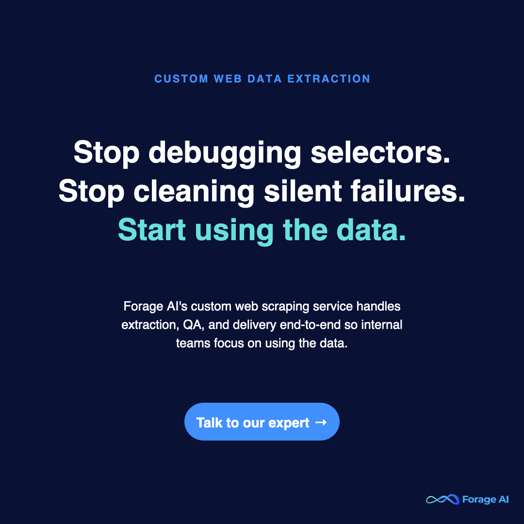 Promo banner for Forage AI's custom web scraping service, end-of-Alternatives-section CTA.