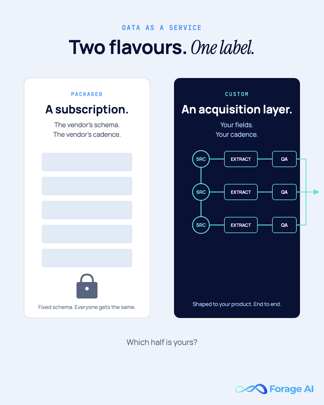 Side-by-side comparison of packaged data subscriptions versus custom data acquisition under the shared label Data as a Service.