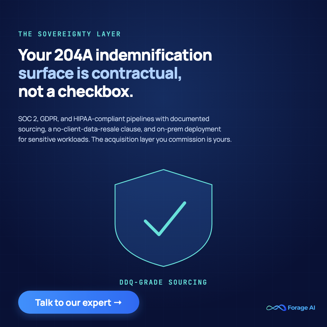 Forage AI promotional banner for the SOC 2, GDPR, and HIPAA-compliant data acquisition layer that supports alternative data providers and indemnification-grade sourcing for institutional finance teams.