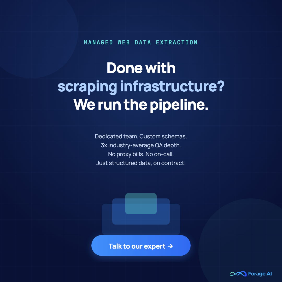 Done with scraping infrastructure? Forage AI runs the pipeline with dedicated team, custom schemas, 3x industry-average QA, and predictable contract pricing