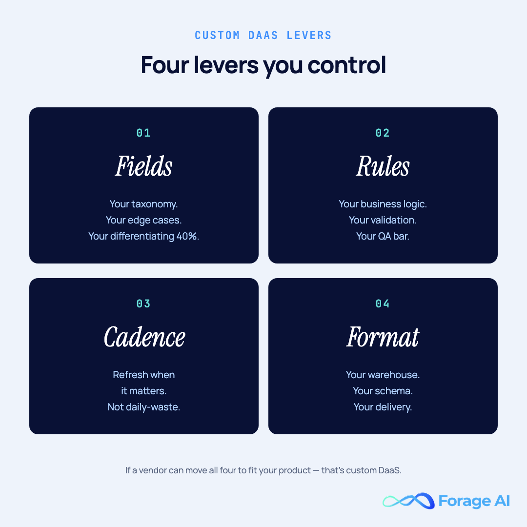 Four-quadrant visual of the custom DaaS levers — fields, rules, cadence, format — each a dimension the buyer controls.