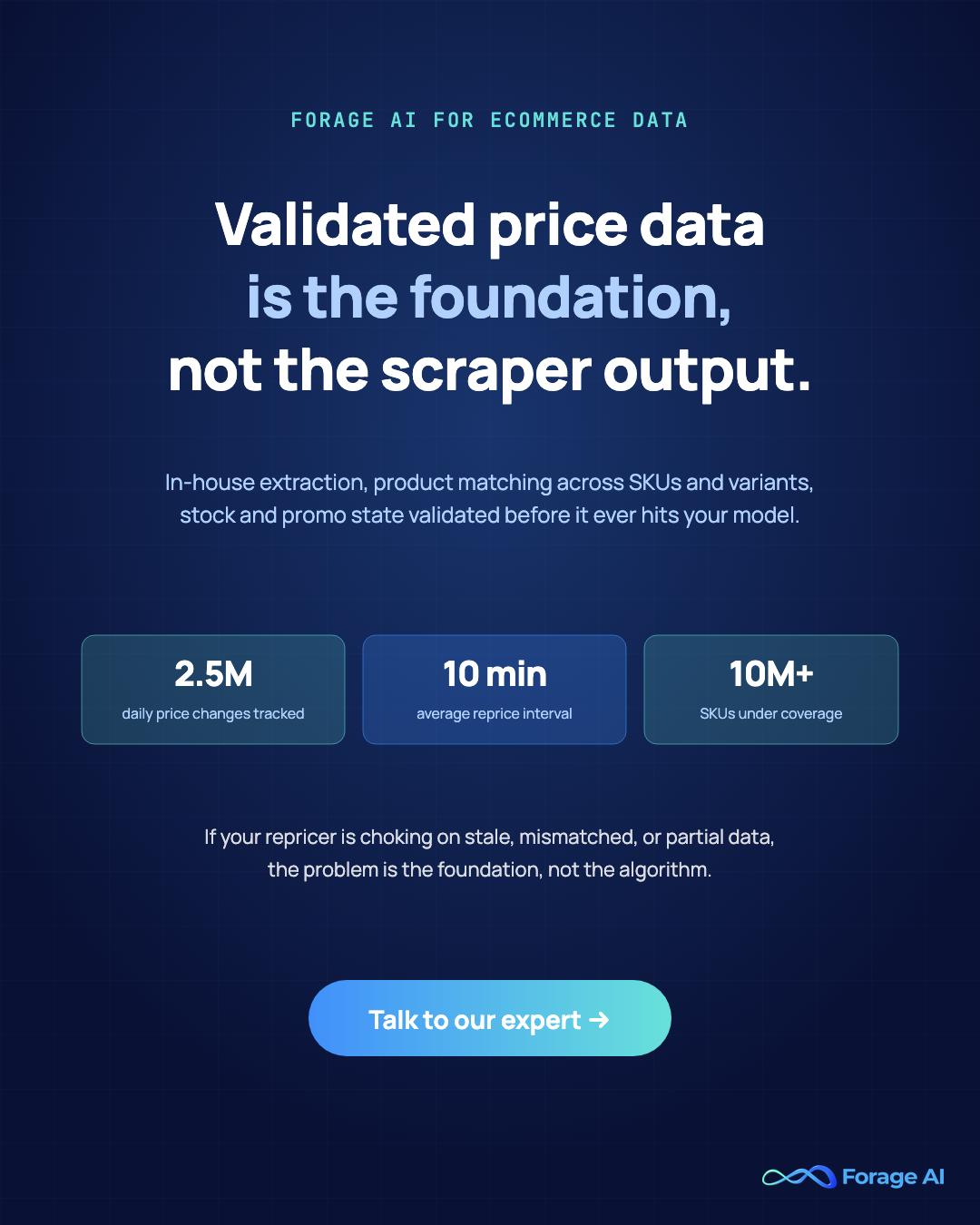 Promotional banner for Forage AI's ecommerce data extraction service, framing validation as a first-class discipline rather than a post-hoc step in price intelligence pipelines.