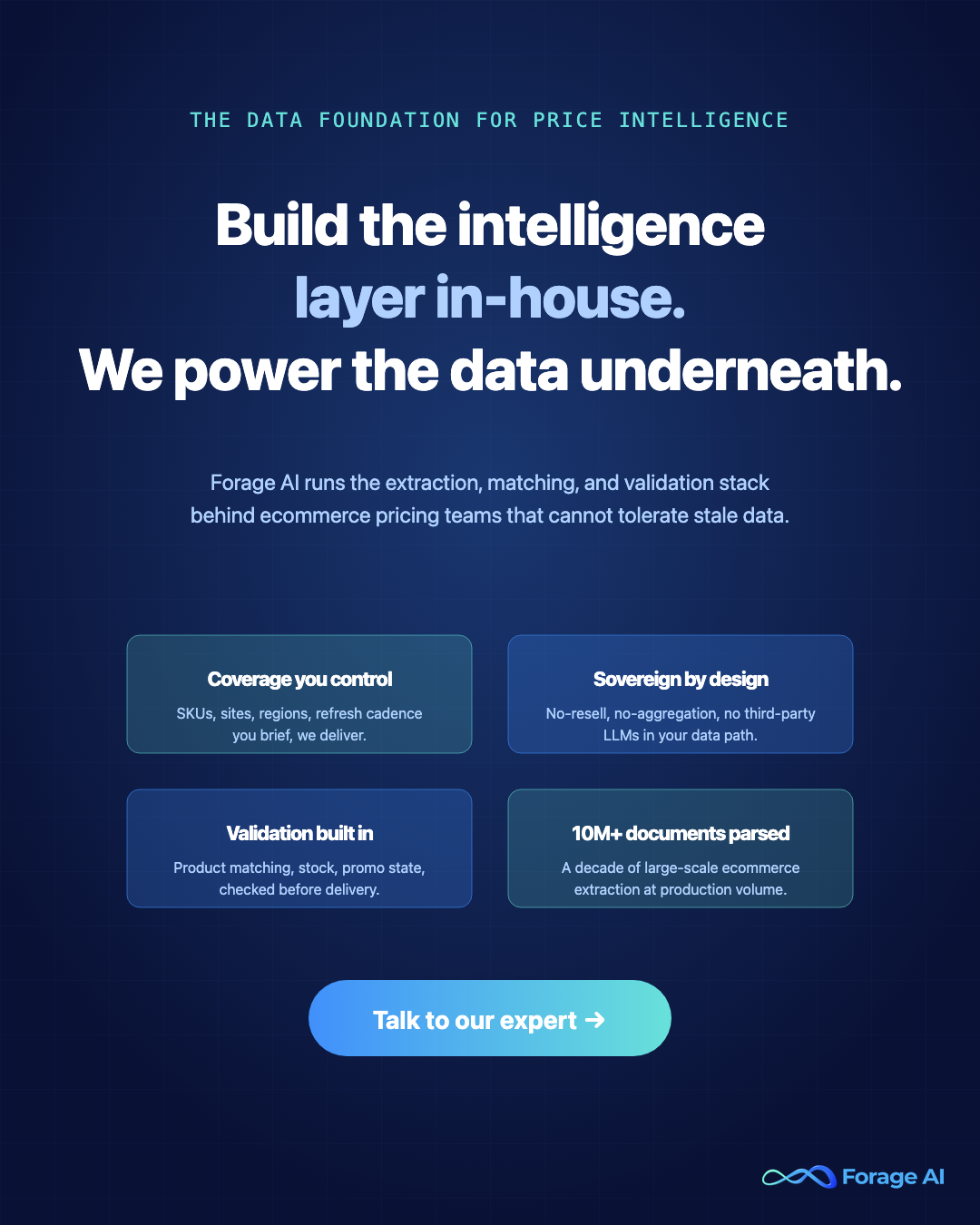 Promotional banner positioning Forage AI as the data foundation behind every price intelligence stack, large-scale ecommerce price extraction, matching, validation, and delivery.