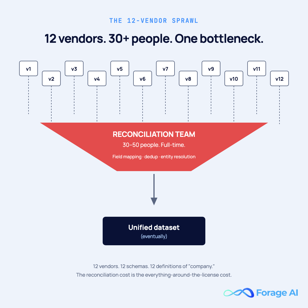 Diagram of the twelve-vendor sprawl pattern: twelve packaged data subscriptions feed into a reconciliation-team bottleneck before reaching a unified dataset.
