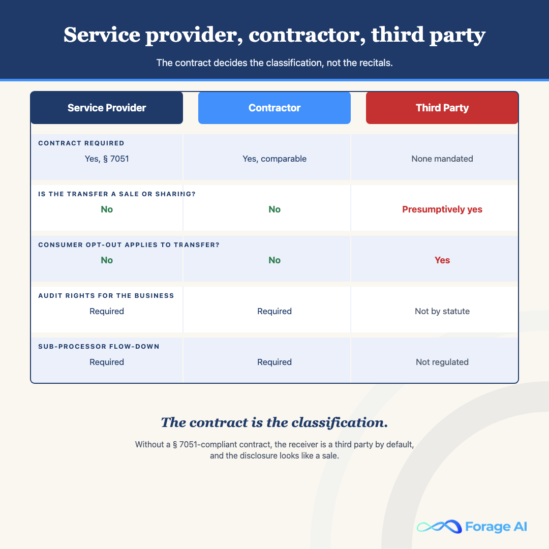 CCPA vendor classification: service provider vs contractor vs third party comparison table