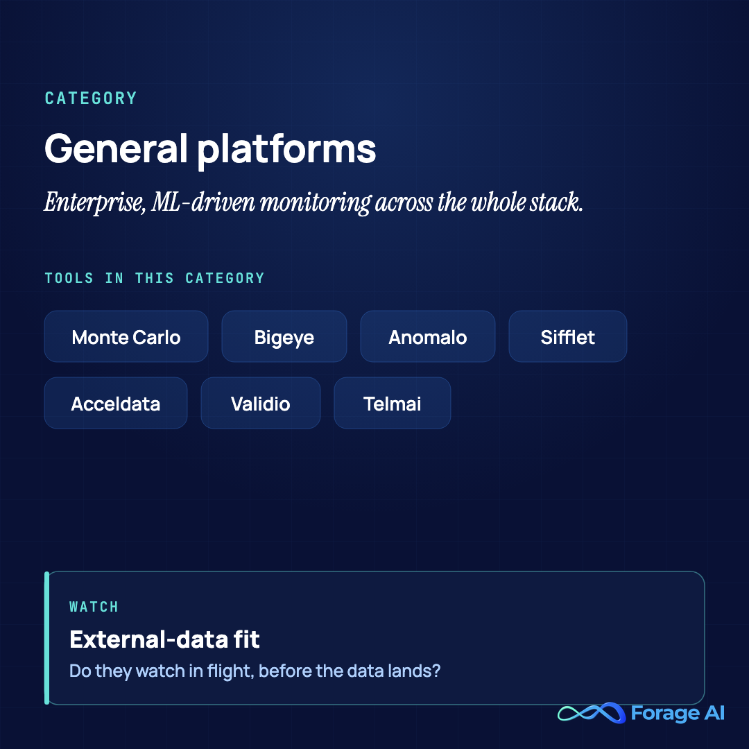 Category summary: general data observability platforms (Monte Carlo, Bigeye, Anomalo, Sifflet, Acceldata, Validio, Telmai) offering enterprise, ML-driven monitoring across the whole stack. Watch their external-data fit: do they watch in flight, before the data lands?