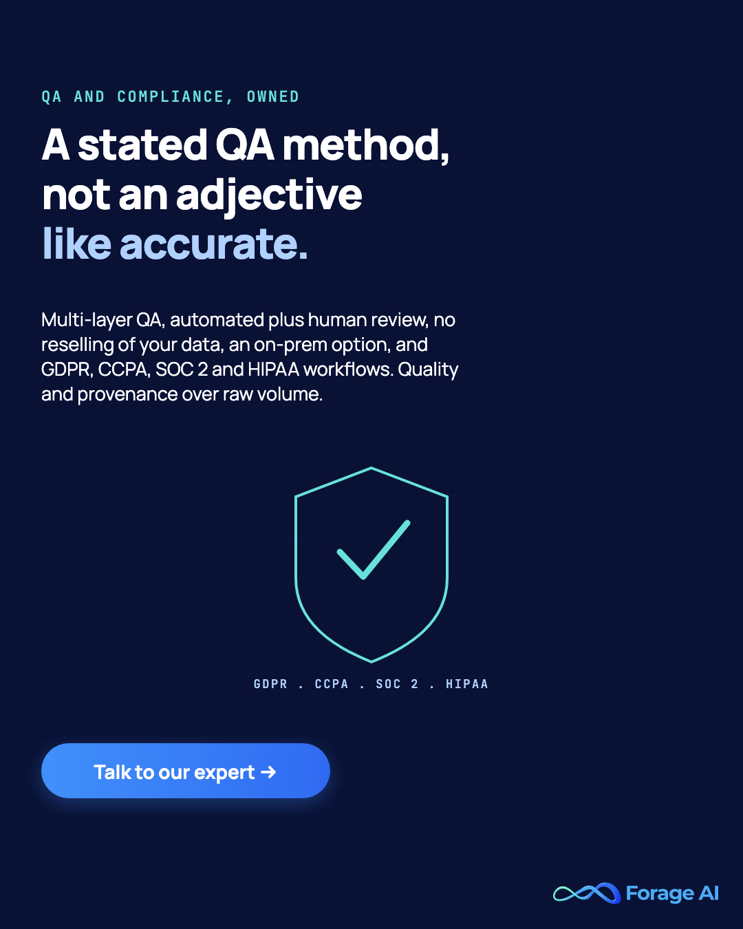 Forage AI banner: a stated QA method not an adjective, multi-layer automated plus human review, no reselling, on-prem option, and GDPR, CCPA, SOC 2, and HIPAA workflows, with a talk to our expert call to action.