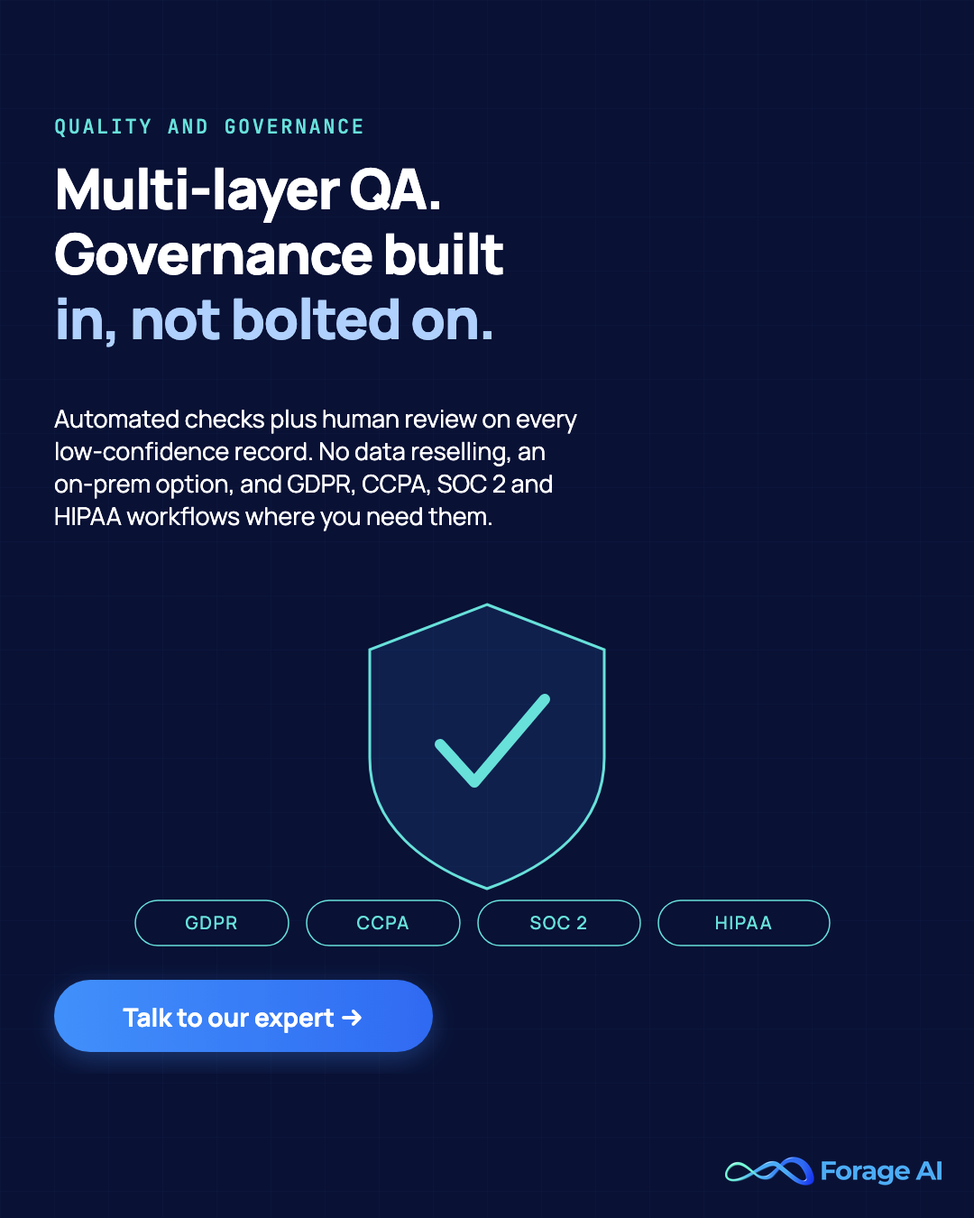 Forage AI promotional banner highlighting multi-layer QA and built-in governance, automated plus human review, no data reselling, on-prem option, and GDPR, CCPA, SOC 2 and HIPAA workflows, with a talk to our expert call to action.