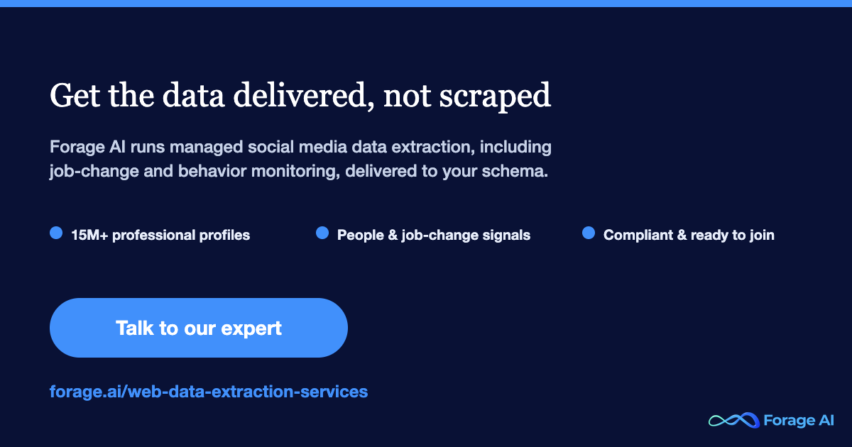 Forage AI managed social media data extraction, delivered to your schema with people and job-change monitoring