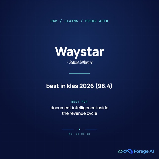 Waystar provider card: revenue cycle management, claims, and prior authorization, Best in KLAS 2026 with a score of 98.4.
