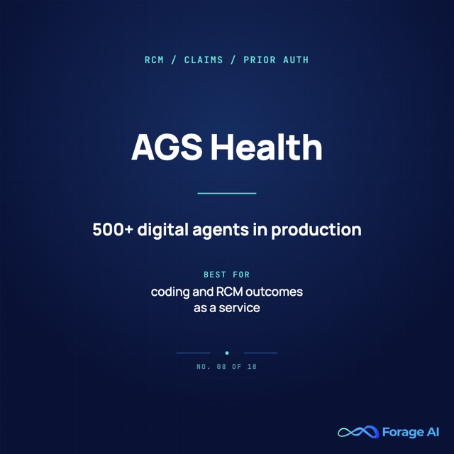 AGS Health provider card: revenue cycle management, claims, and prior authorization, 500-plus digital agents in production.