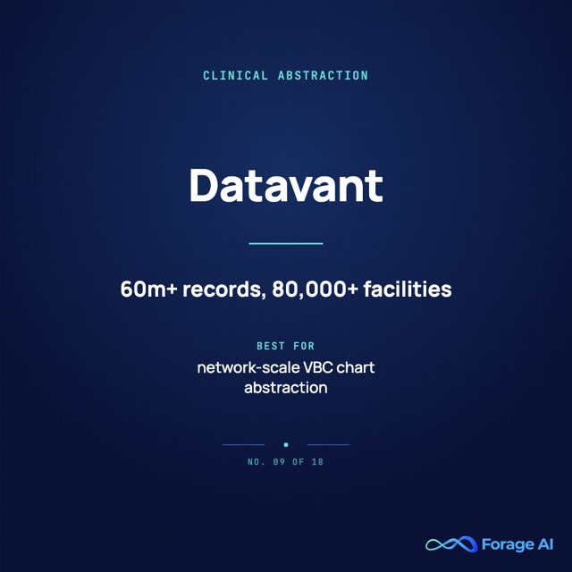Datavant provider card: clinical abstraction, 60 million-plus records connected across 80,000-plus facilities.