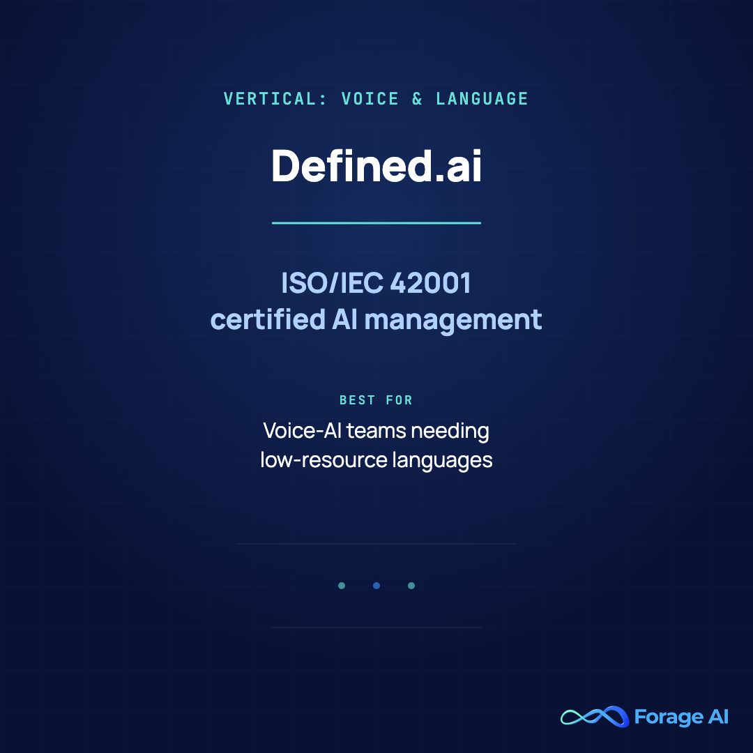 Provider card for Defined.ai, a vertical AI dataset marketplace for voice and language data, ISO/IEC 42001 certified, best for voice-AI and conversational-model teams.