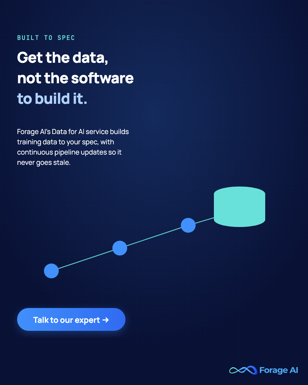 Promotional graphic reading get the data, not the software to build it; Forage AI's Data for AI service builds training data to spec with continuous pipeline updates, with a call to action to talk to a Forage AI expert.